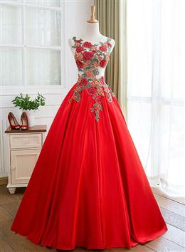 Picture of Pretty Red Color Satin Ball Gown Dresses with Flower Embroidery, Red Color Sweet 16 Dresses